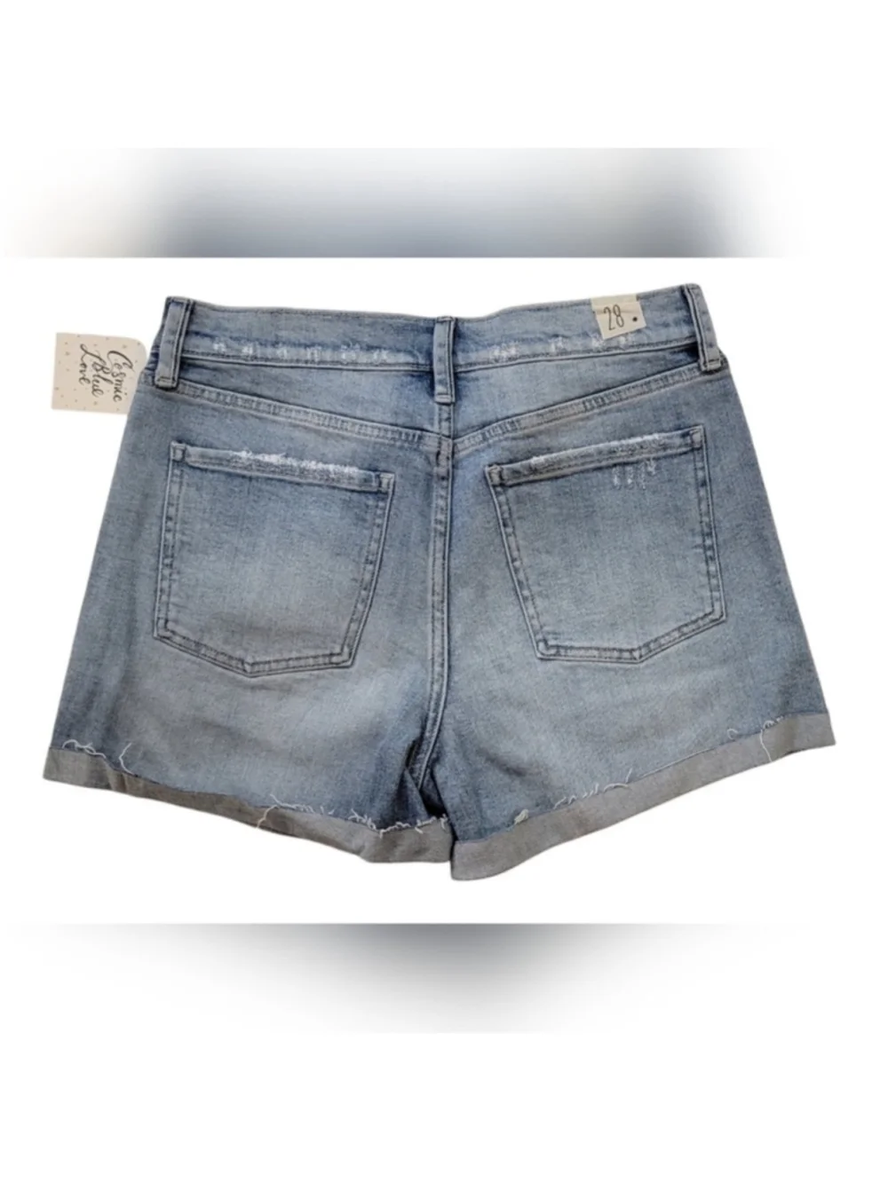 Cosmic Blue Love Distressed Denim Shorts Raw Hem Mid-Rise Summer Size 28